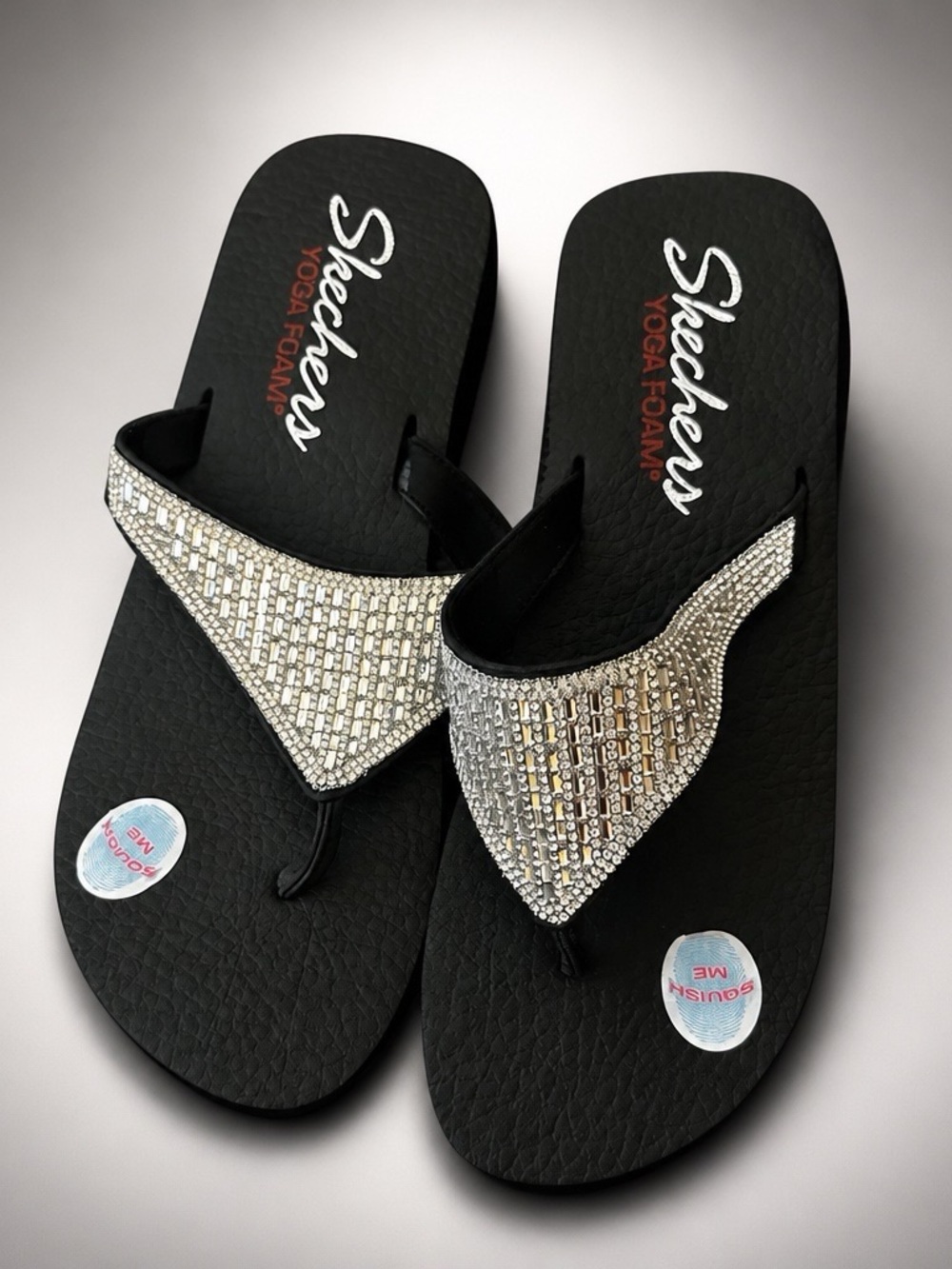 Skechers Women's Black Flip Flops with Silver Crystal Straps Size 10